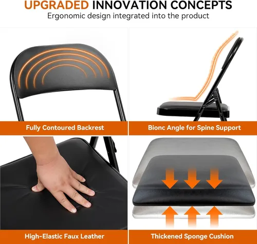 Vista 6 de Fenbeli Paquete de 1 silla plegable con cojín, silla de metal negro con asiento acolchado y marco de acero duradero, sillas plegables de capacidad