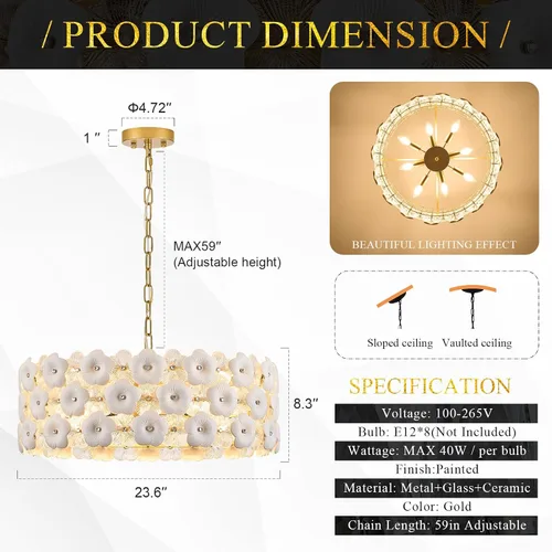 Vista 2 de Lámpara moderna de cristal de flores de 24 "8 luces de oro colgante