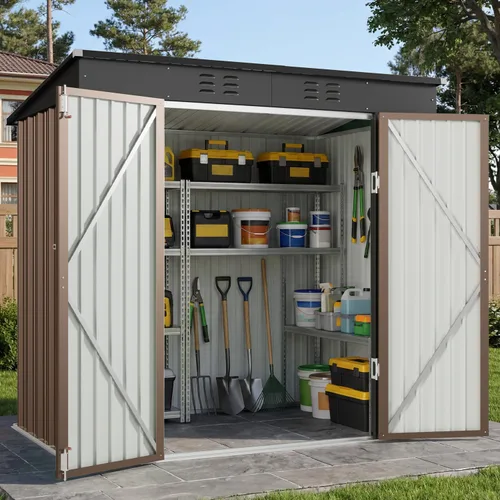 Vista 21 de Gizoon Cobertizo de almacenamiento para exteriores de 8 x 6 pies, cobertizo de jardín de metal galvanizado con puertas dobles con cerradura, Marrón