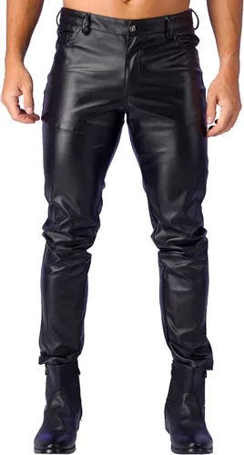 Vista 4 de Pantalones de motociclista metálicos de pierna recta de piel sintética para hombre