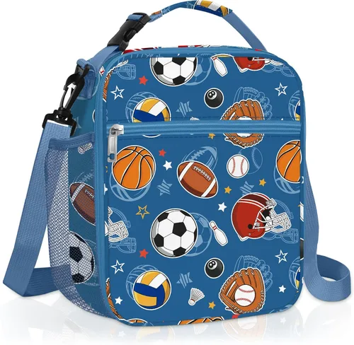 Vista 9 de Clastyle Bolsa de almuerzo deportiva con aislamiento de grafiti para niños, bolsa térmica grande para niños, color azul, picnic, escuela, lonchera