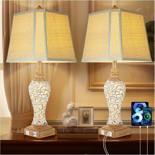 Vista 15 de Juego de 2 lámparas de mesa de noche con luz nocturna y puertos USB A+C, lámparas de mesa vintage de 27" de alto con acabado de hoja de plata