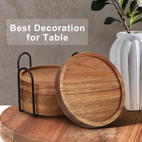 Vista 6 de 4 posavasos de madera de granja con soporte, lindo juego de posavasos de madera para bebidas al aire libre, decoración del hogar, decoración de mesa