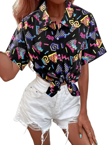 Vista 2 de Trajes de los años 80 y 90 para mujer, camisa de discoteca retro para fiesta temática de los años 80, camisa hawaiana de neón con botones y manga