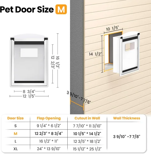 Vista 15 de Puerta de perro para pared, puerta de perro de acero con túnel telescópico, puerta de mascotas resistente a la intemperie con dos paneles de bloqueo