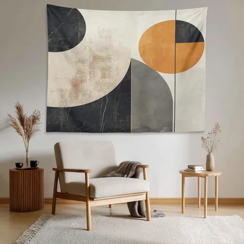 Vista 3 de Shrahala Modern Abstract Artwork Wall Tapestry, Orange Black Beige Wall Hanging Large Tapestry Decoration Polyester Fiber White Hem Around for Dorm