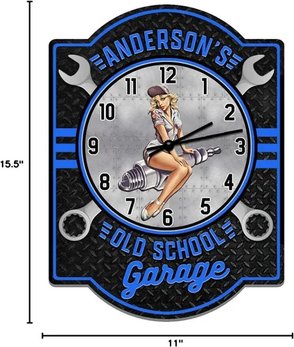 Vista 5 de Old School Garage Pin Up Girl Reloj de pared azul letrero - Personalizado