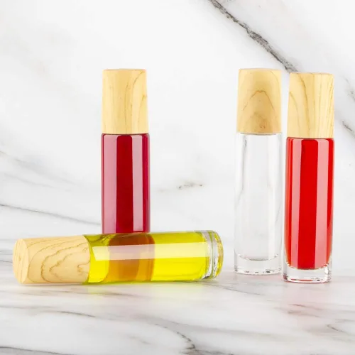 Vista 5 de Tomorotec Paquete de 20 Botellas Rodillo de Aceite Esencial de Vidrio Transparente Ultra Grueso de 10mL con Tapas de Plástico de Grano de Madera