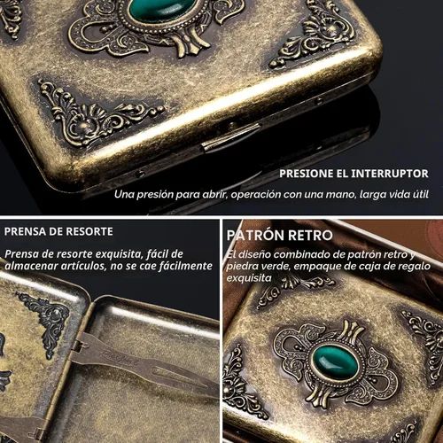 Vista 6 de Estuche vintage de metal Goshentech, metal chapado en cobre, capacidad de 18-20, ornamento de superficie imitación esmeralda, embalaje de caja