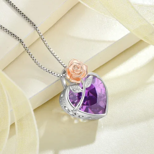 Vista 5 de Love Heart Birthstone Necklace for Women 925 Sterling Silver Rose Flower Necklace Dainty Jewelry Gifts for Women Wife Girlfriend Mother Daughter Her