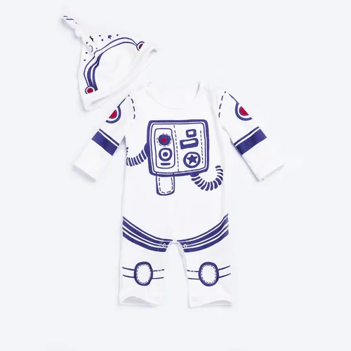 Vista 2 de 2pcs Bebé Niño Niña Mono Una Pieza Mameluco Astronauta Traje Con Sombrero Blanco 66 3-6M