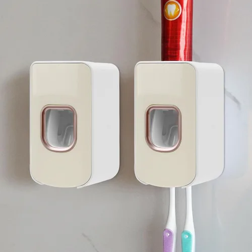 Vista 29 de Soporte de plástico para cepillos de dientes de 2 ranuras y dispensador de pasta de dientes montado en la pared, exprimidor automático de pasta