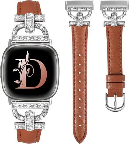 Vista 8 de Minyee Correas de cuero compatibles con Fitbit Versa 4/Versa 3/Sense 2/Sense Band para mujer, correa de cuero delgada elegante con diamantes