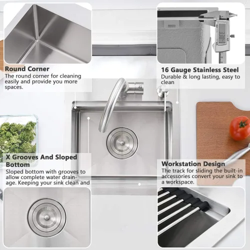 Vista 5 de Fregadero de barra de 15 pulgadas para estación de trabajo, fregadero de cocina pequeño de 15 x 15 pulgadas, montaje superior, calibre 16