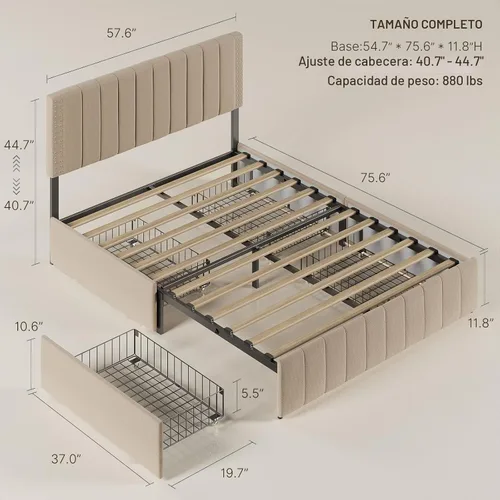 Vista 2 de Gizoon Base de cama matrimonial tapizada con 4 cajones de almacenamiento, cabecera ajustable, sin ruido, soporte de listones de madera, se adapta a