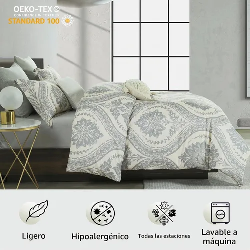 Vista 2 de Bedduvit Juego de funda de edredón de algodón, tamaño Queen, damasco, estampado de cachemira, transpirable, minimalista, con estampado de damasco