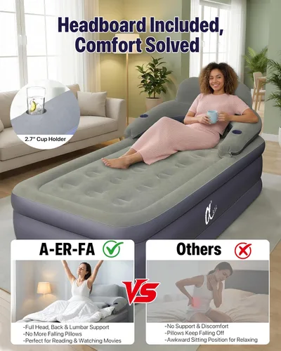 Vista 3 de A-ER-FA - Colchón de aire individual integrado de 20 pulgadas, colchón inflable elevado cómodo con cabecera y portavasos, cama de aire de inflado