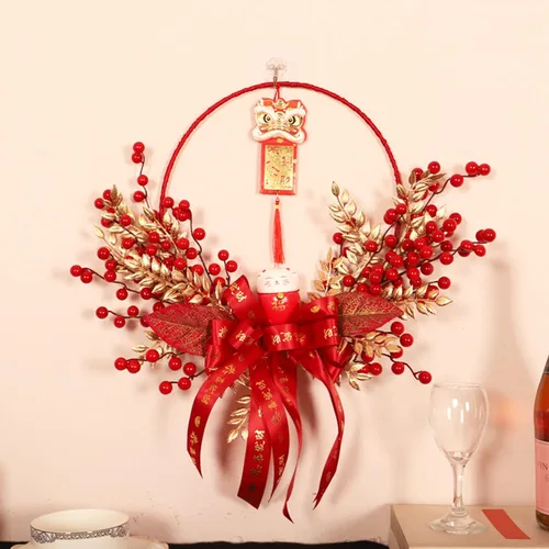 Vista 4 de Fenteer Decoraciones redondas de Año Nuevo Chino Decoración Colgante Ventana Lucky Cats Corona para Holiday Home Office Adornos - Rojo