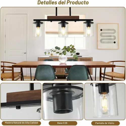 Vista 3 de Lámpara de isla de cocina de 23.6 pulgadas, lámpara de 3 luces para comedor sobre mesa, lámpara colgante de techo de madera rústica moderna negra