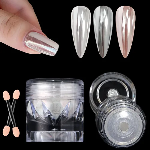 Vista 11 de 2 piezas de polvo de uñas cromo blanco lunar, polvo de brillo de uñas efecto espejo perlado mágico, pigmento cromo perla para decoración de uñas 2