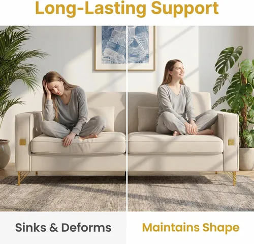 Vista 5 de Sofá de terciopelo de 85.63 pulgadas, moderno sofá biplaza con almohadas, juego de 2 para sala de estar, dormitorio, muebles de apartamento con Beige