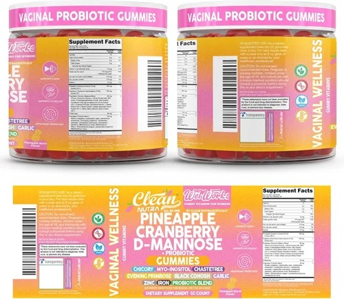 Vista 9 de Clean Nutraceuticals Clean Nutra Pineapple Cranberry D-Manose + Probiotic Gummies 60 unidades Suplemento diario para mujer Gomitas con sabor a