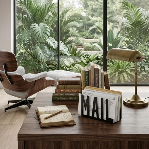 Vista 2 de MyGift Organizador de correo para encimera, moderno, de metal, negro, con diseño de letras de correo recortado, sobre de escritorio de oficina
