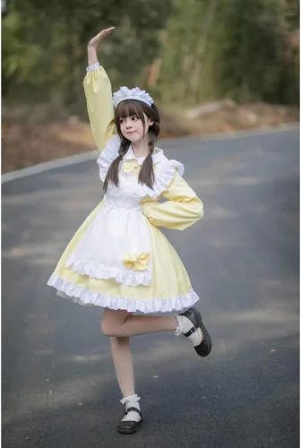 Vista 3 de Disfraz de sirvienta para mujer, talla grande, disfraz de sirvienta de Halloween, Lolita, anime japonés, delantal, vestido de sirvienta para fiesta