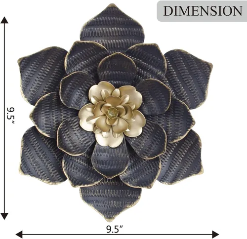 Vista 4 de Decointo Esculturas de pared de flores de metal, 9.5 pulgadas, decoración de pared floral negra, flores en capas 3D, arte de decoración de pared