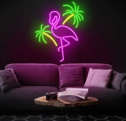Vista 11 de Letrero de neón con diseño de flamenco y puesta de sol de 16 pulgadas para decoración de pared, flamenco rosa para fiesta, hogar, vacaciones, bar