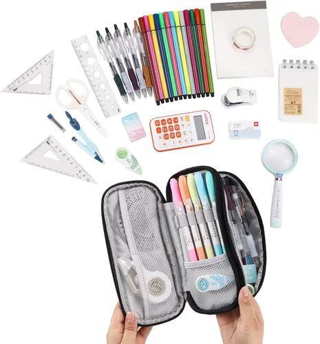 Vista 5 de Dugio Estuche grande para niños, organizador para lápices, con cremallera, para la escuela, adolescentes, niños, estético, grande, color negro