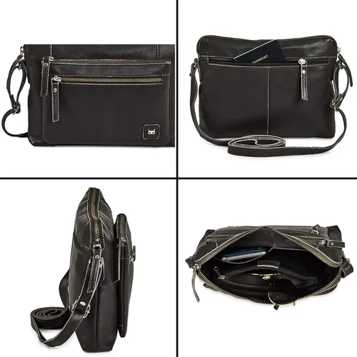 Vista 6 de Bolso cruzados pequeño y cartera de cuero auténtico granulado suave, bolso de hombro cruzado tipo bandolera de calidad prémium y triple cremallera