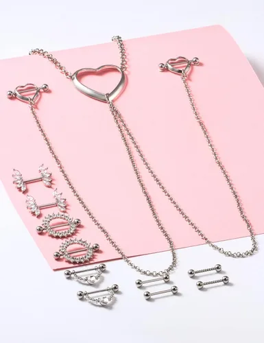 Vista 3 de Vqoxaggi - Piercing para pezón de acero quirúrgico de 14 G para mujer, con gargantilla, collar de corazón, pezón, barra de piercing para pezón