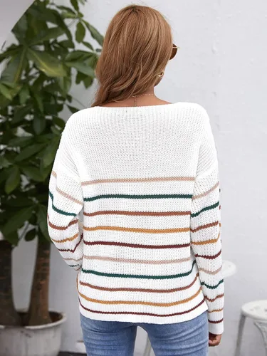 Vista 2 de MakeMeChic Suéter holgado de manga larga con cuello en V y hombros caídos para mujer