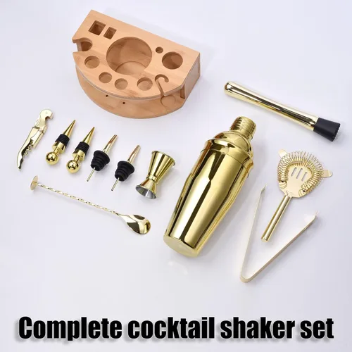 Vista 2 de Kit de Barman con elegante soporte de bambú, juego de coctelera de 12 piezas de 25 onzas para bebidas mixtas, juego de herramientas profesionales