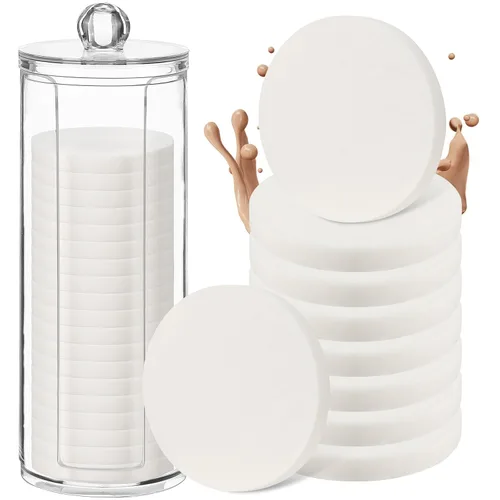 Vista 7 de Dandat 20 esponjas redondas de maquillaje con recipiente acrílico, esponja cosmética compacta, almohadilla de espuma redonda, maquillaje facial