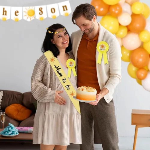 Vista 5 de Serencatcher Banda de baby shower para mamá niño, decoraciones de baby shower con el sol incluyen a mamá papá para ser pin corona de flores