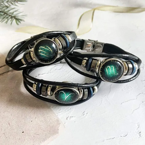 Vista 6 de YANCHUN - Collar y pulsera de cuero modernos con 12 constelaciones del zodiaco astrología galaxia y luna creciente para hombre y mujer juego de 2