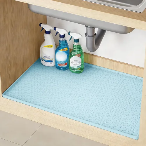 Vista 11 de TRZZ Tapete de silicona impermeable para debajo del fregadero de 34 x 22 pulgadas, bandeja de goteo y forro de gabinete para cocina y baño, evita