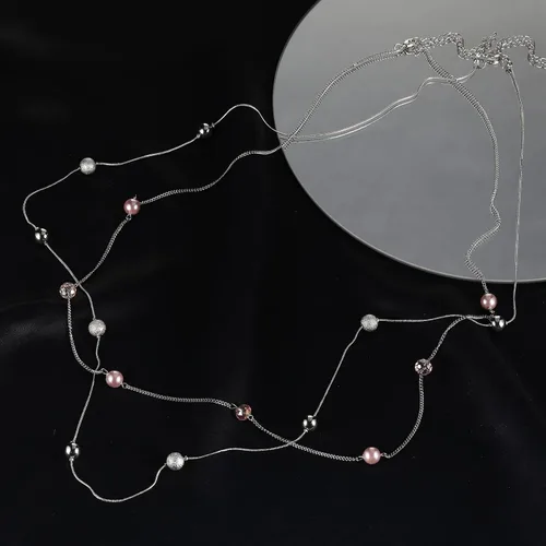 Vista 4 de Collar largo en capas de plata para mujer, suéter de cristal de perla, collar de cadena de hebra, regalos de moda
