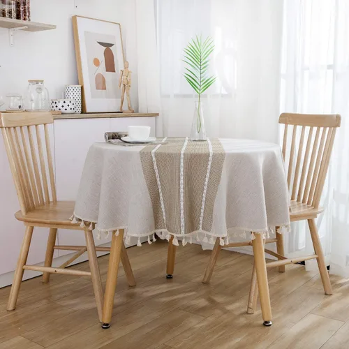 Vista 4 de Dimatic Mantel de Algodón y Lino de Peso Pesado - Mantel Redondo de 60 Pulgadas - Cubierta de Mesa con Costura de Borlas para Decoración de Beige