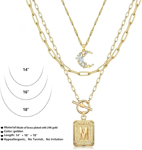 Vista 5 de MJartoria Collares con inicial en capas para mujer, a la moda, chapado en oro de 14 quilates, gargantilla de estrella simple, collar con dije