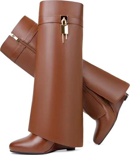 Vista 33 de Botas plegables puntiagudas con tacón de cuña para mujer, botas hasta la rodilla con diseño de candado y cremallera lateral Beige
