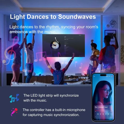 Vista 4 de Luces LED de 100 pies para dormitorio, luces LED RGB Bluetooth sincronizadas con música, aplicación inteligente y control remoto, tiras de luz LED