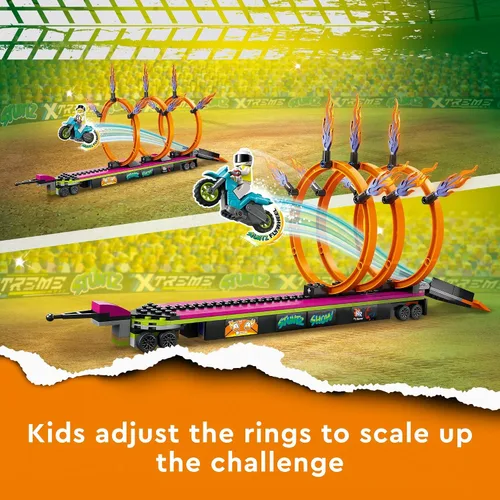 Vista 4 de LEGO City Stuntz Stunt Truck & Ring of Fire Challenge 60357 con juguete de motocicleta impulsado por volante y minifiguras, regalo divertido