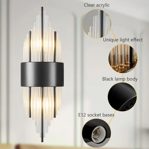 Vista 6 de Moderno aplique de pared negro con 2 luces para dormitorio, pasillo, baño, tocador, dormitorio, espejo, sala de estar, entrada, pasillo