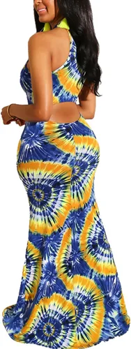 Vista 4 de Vestido largo halter de las mujeres, vestido de una sola pieza sin mangas con estampado teñido