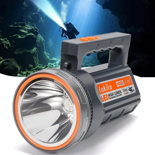 Vista 8 de Linterna de buceo recargable con pantalla de alimentación, IP68 impermeable y sumergible, interruptor doble, 4 modos, reflector LED portátil