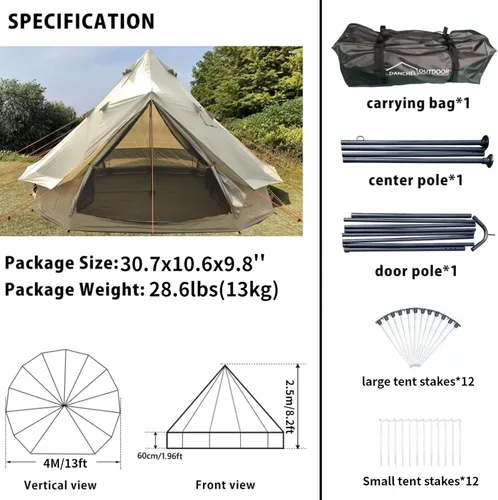 Vista 6 de DANCHEL OUTDOOR Yurta portátil B2 con gato de estufa para vivir todo el año, tienda de campaña Campana para 4/6 personas, equipo familiar de camping