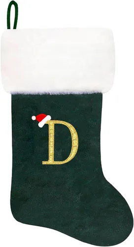 Vista 50 de Calcetines de Navidad bordados de 20 pulgadas con monograma, terciopelo negro con puño de felpa blanca supersuave, adornos clásicos para decoración